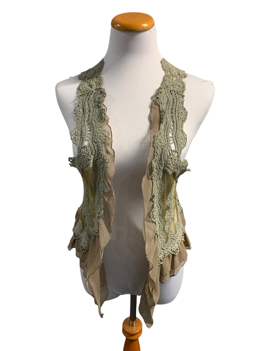 Umgee Boho Style Crochet Lace Ruffle Crop Vest Brown Green Women's S M